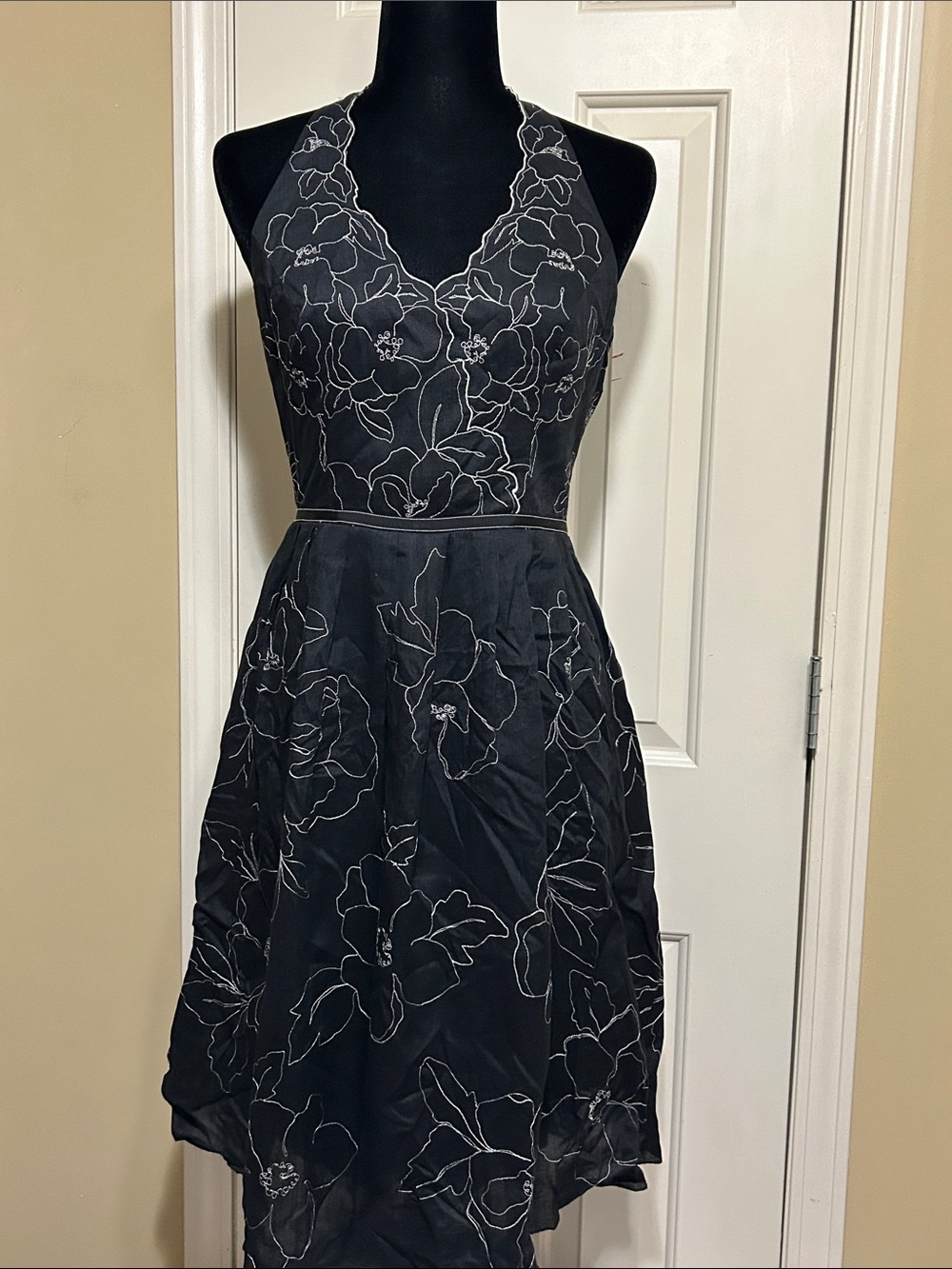Ann Taylor Black Midi Halter Dress with White Floral Embroidery-Size 4